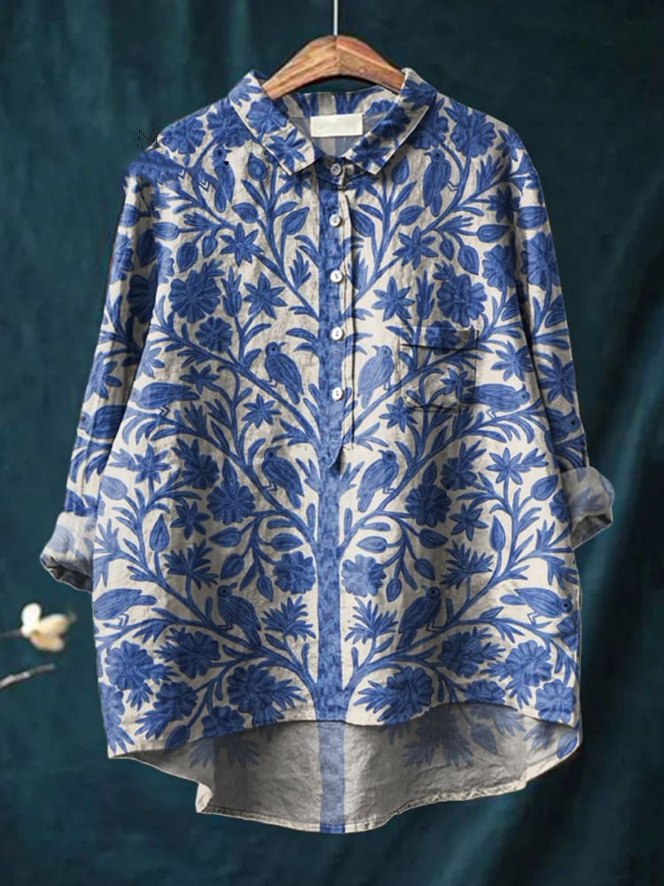 Women's Indian Art Floral Vintage Print Casual Cotton And Linen Shirt 985c