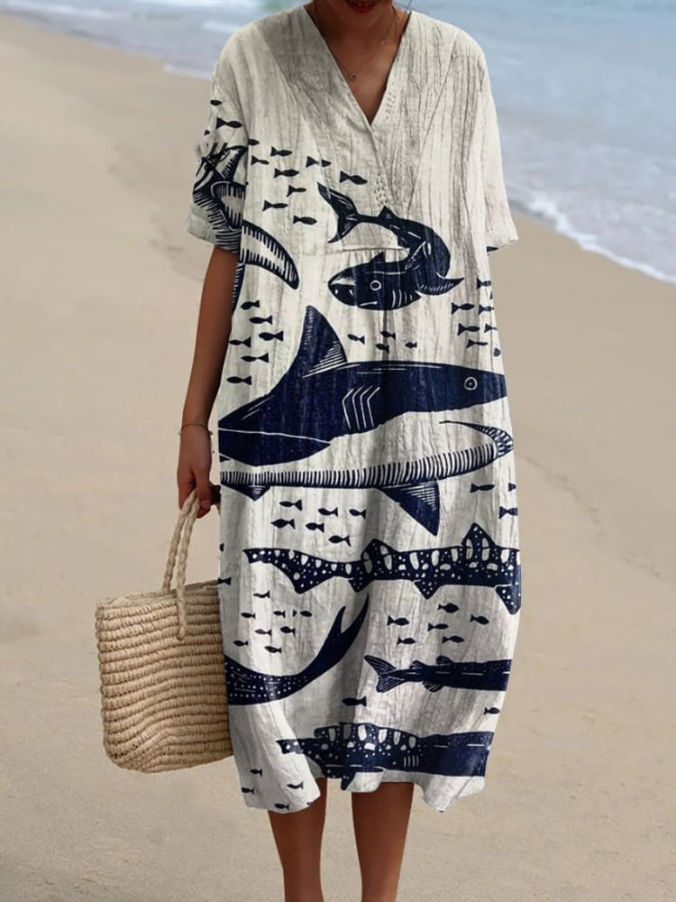 Women's Shark Art Print Casual Dress 8019