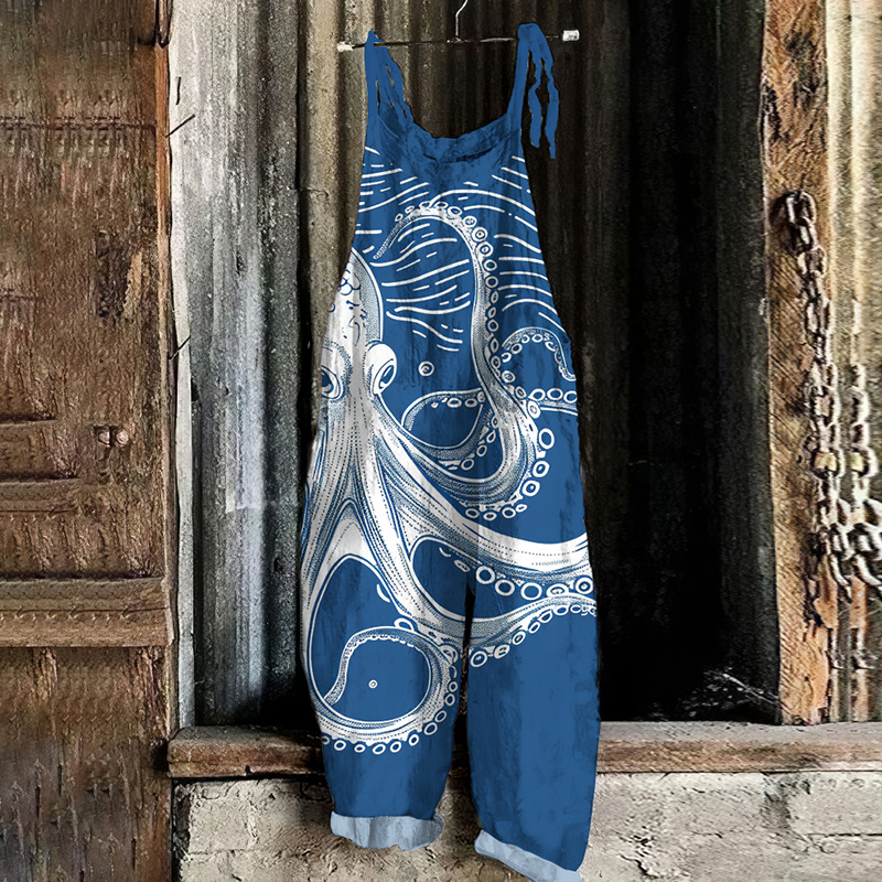 Japanese Art Octopus Print Casual Loose Jumpsuit 019b