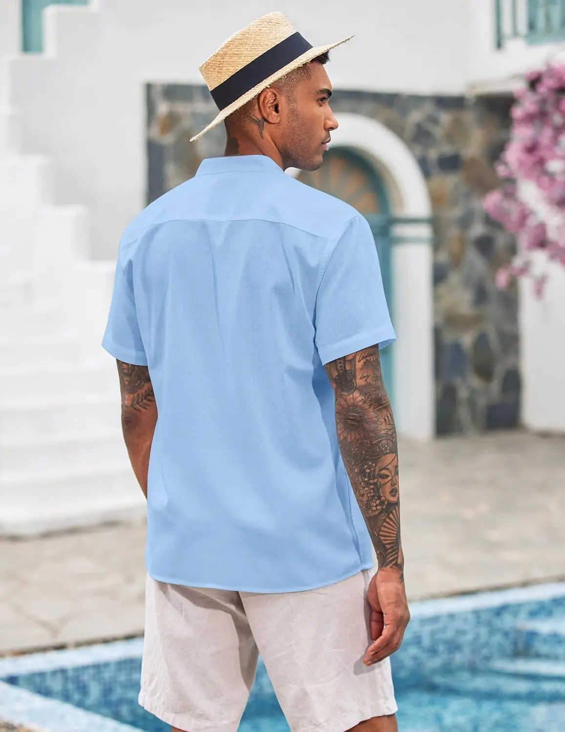 9 Pack-Men's Cuban Guayabera Shirt Cotton Linen Short Sleeve Button Down Shirts Casual Band Collar Summer Shirt