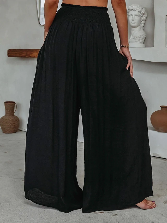Women's Wide Leg Pants Trousers Pocket High Cut High Waist Full Length Black Fall a2b5