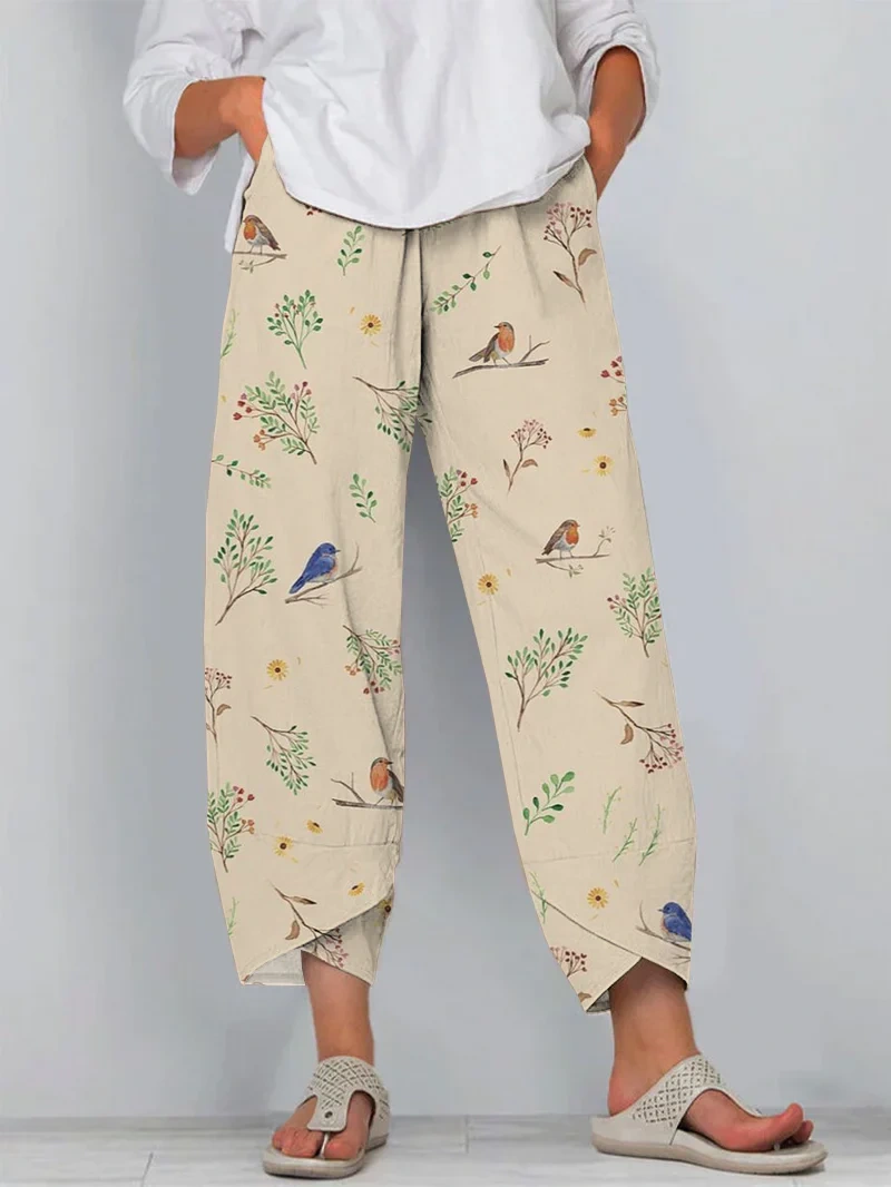Vintage Branch Bird Art Cropped Casual Pants 5503