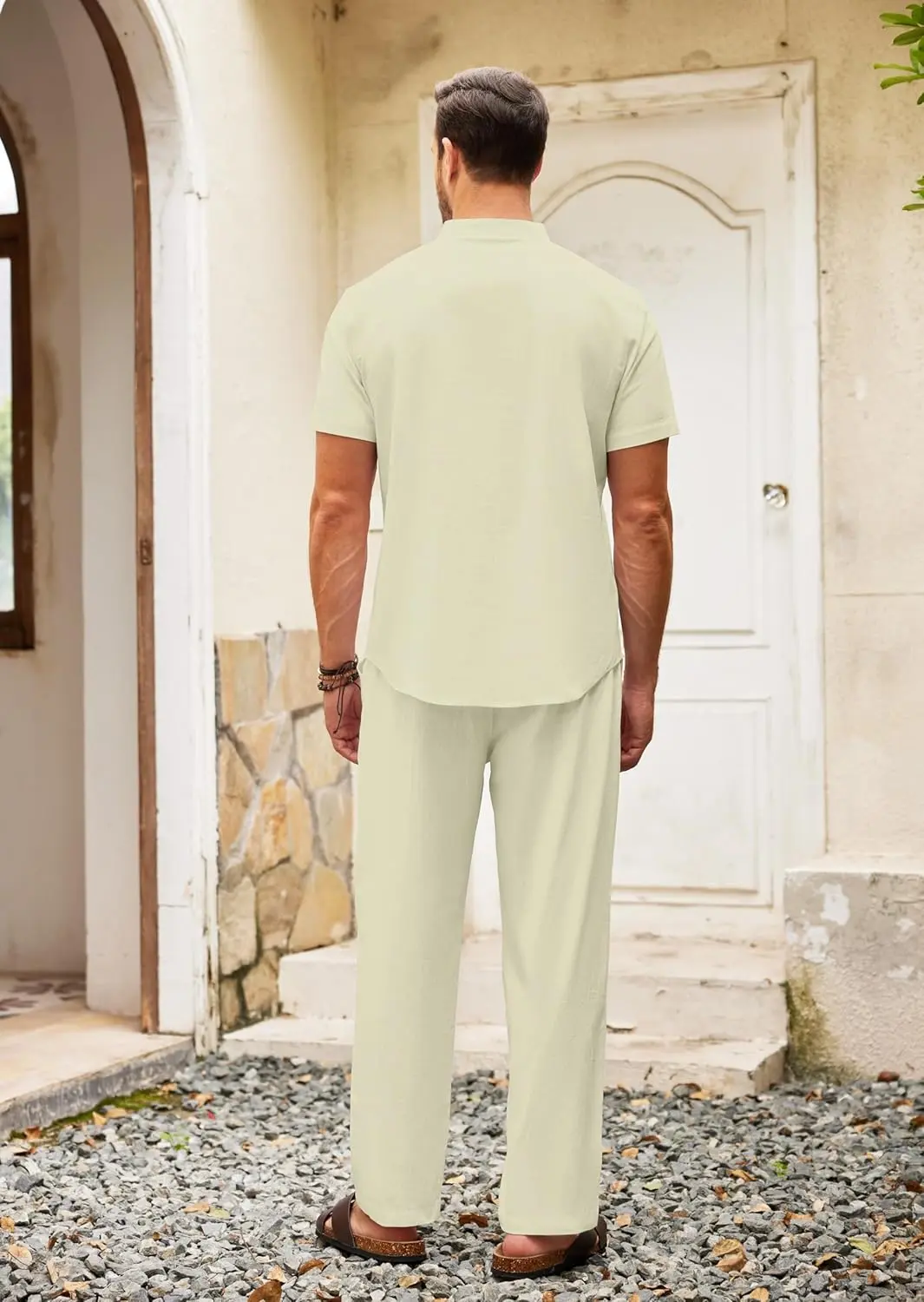 10 Pack-Men's 2 Pieces Cotton Linen Set Casual Short Sleeve Henley Shirts Beach Yoga Pants Summer Outfits