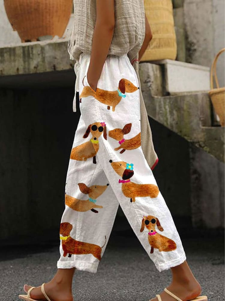 Women's Cute Dachshund Printed 100%Cotton Casual Pants 4e97
