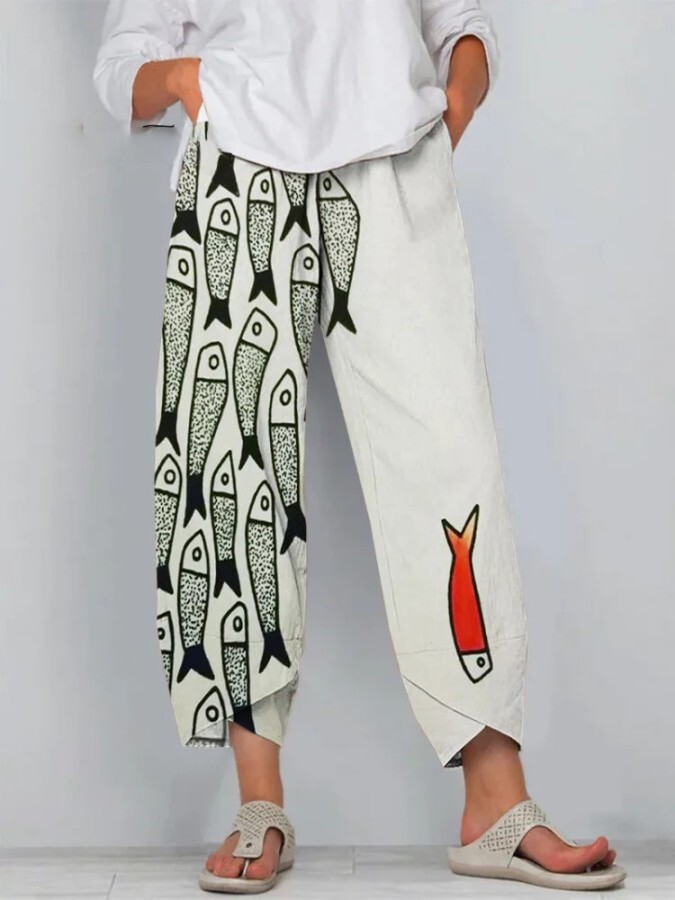 Fun Fish Art Cropped Casual Pants bcd3