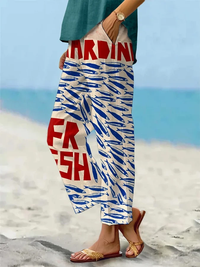 Women's Vintage Fish Art Print Loose Casual Pants (With Pockets) 0d78