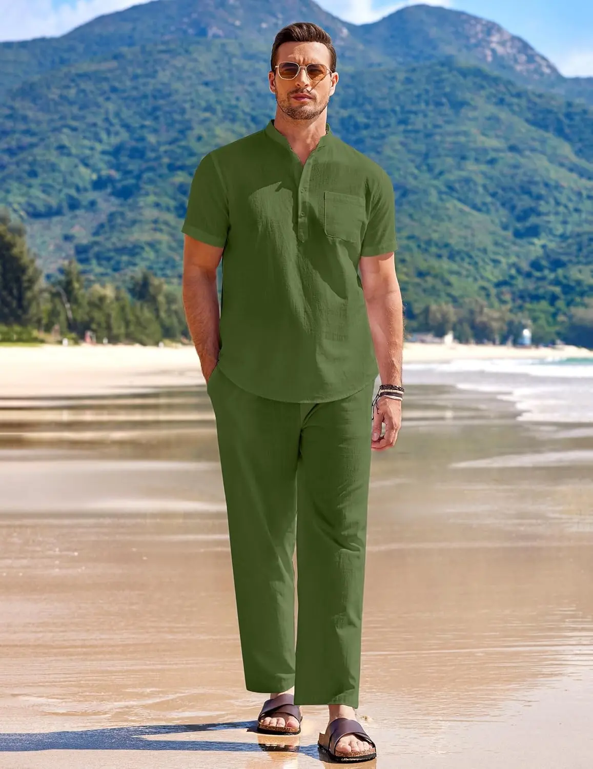 10 Pack-Men's 2 Pieces Cotton Linen Set Casual Short Sleeve Henley Shirts Beach Yoga Pants Summer Outfits