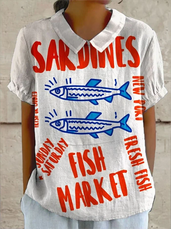 Women's Vintage Fish Sardine Art Print Casual Top b337