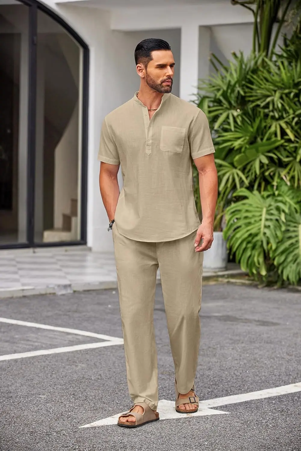 10 Pack-Men's 2 Pieces Cotton Linen Set Casual Short Sleeve Henley Shirts Beach Yoga Pants Summer Outfits