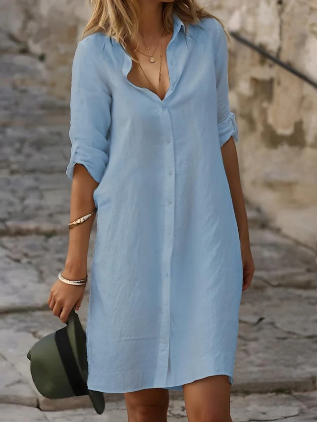 Women's Casual Linen Dress Button-Down Shirt Collar 3/4 Long Sleeve 2628