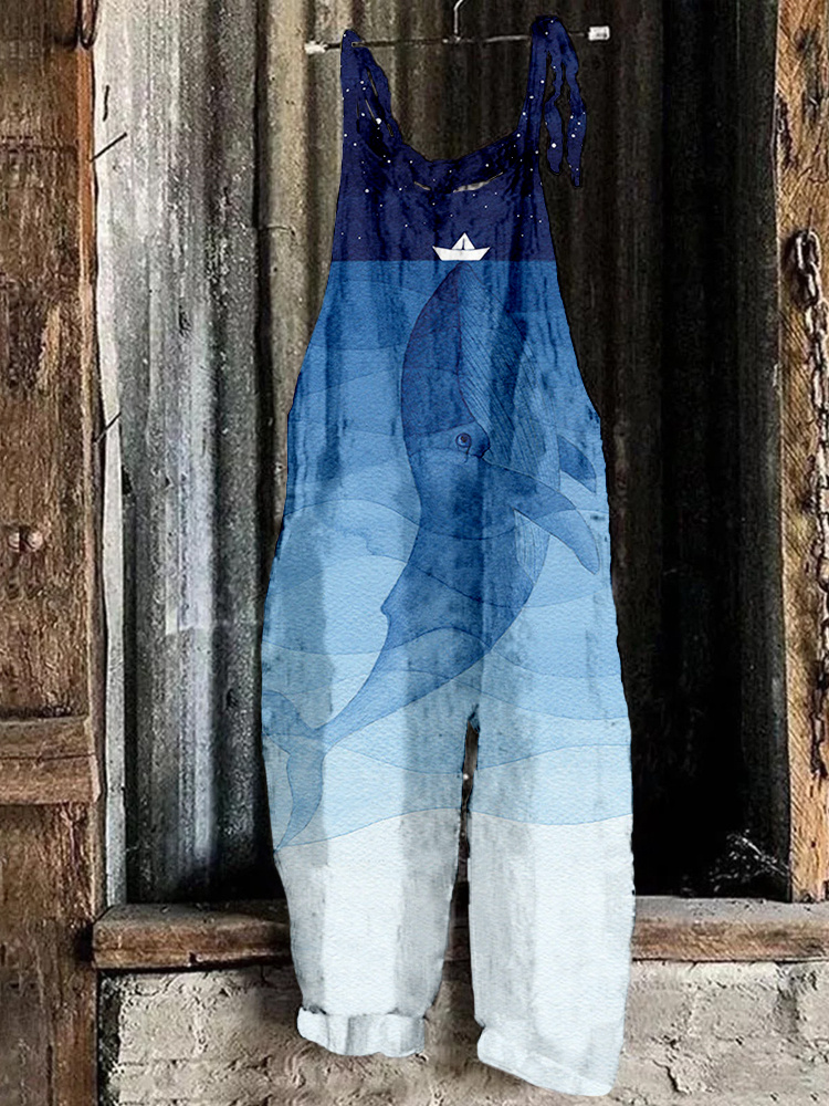 Blue Whale Art Print Comfy Loose Fit Jumpsuit 2123
