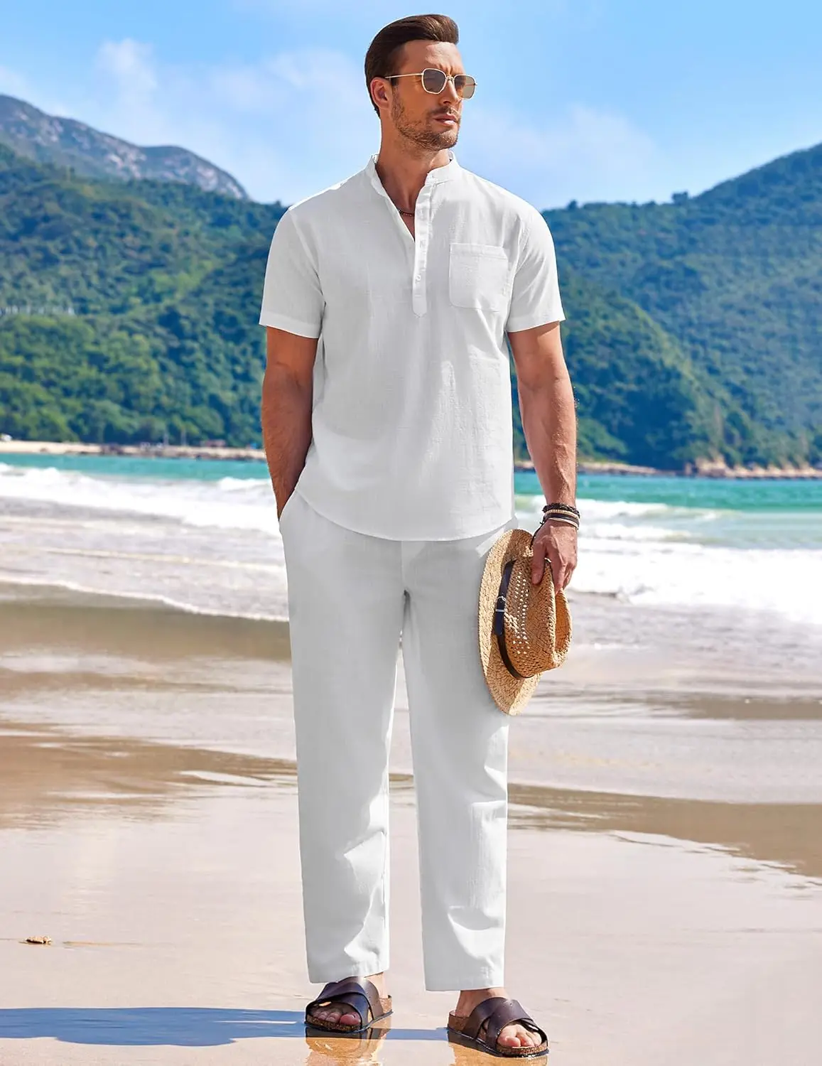 10 Pack-Men's 2 Pieces Cotton Linen Set Casual Short Sleeve Henley Shirts Beach Yoga Pants Summer Outfits