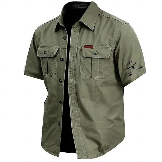 4 PACK-Cow Print Casual Men's Work Shirt Cargo Shirt Sports & Outdoor Camping & Hiking Going out Summer Spring Fold-over Collar Short Sleeve Army Green, Khaki, Dark Blue S, M, L 100% Cotton Shirt