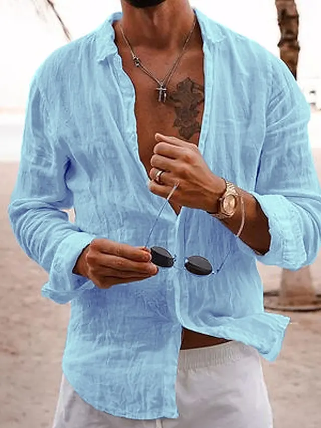 8 PACK-Men's Linen Shirt Summer Shirt Casual Shirt Beach Shirt Black White Pink Navy Blue Long Sleeve Plain Lapel Spring & Summer Hawaiian Holiday Clothing Apparel Basic