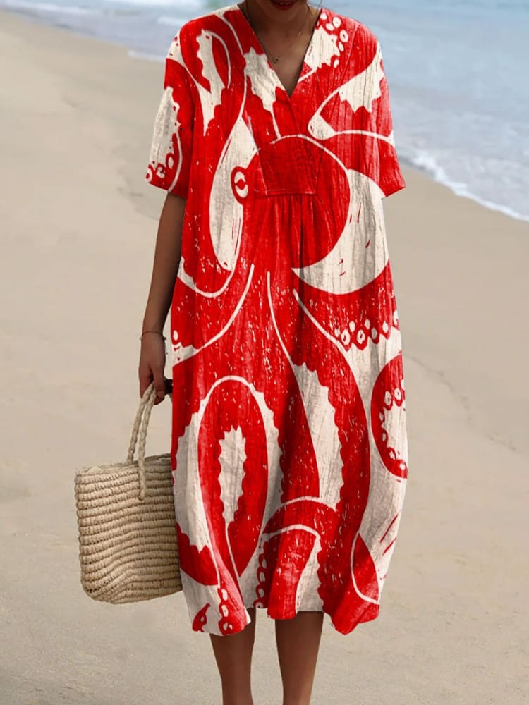 Women's Vintage Octopus Art Print Flowy Dress e306