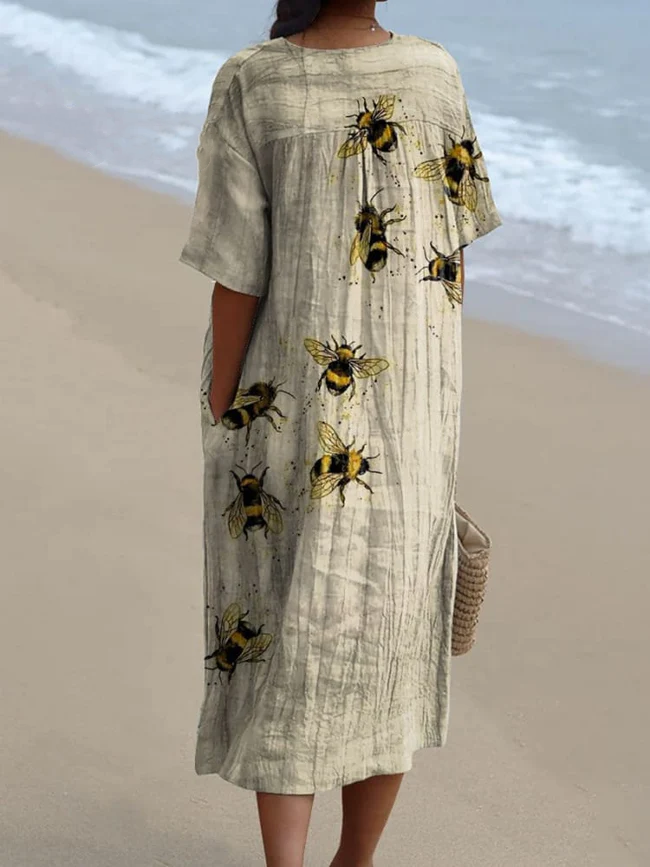 Women's Vintage Lovely Bees Art Print Flowy Dress 7563