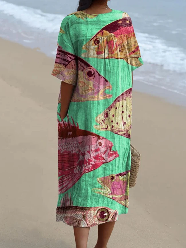 Women's Vintage Lovely Fish Art Print Flowy Dress 1f57