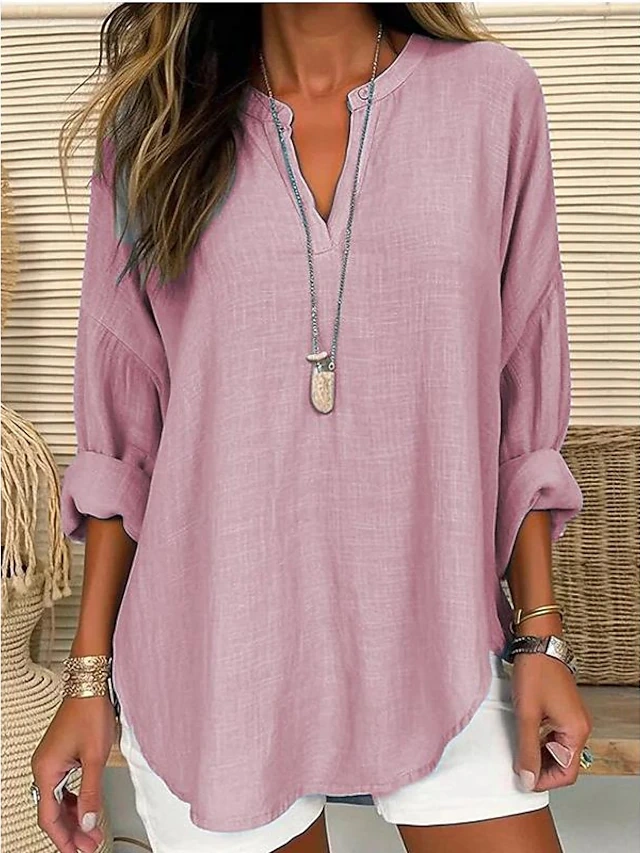 Women's Shirt Blouse Solid Color Casual Daily Basic Long Sleeve Notched Neck Pink Spring Fall 9682