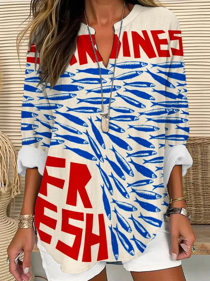 Women's Retro Art Fish Flower Casual Long Sleeve V-Neck Shirt 8da3