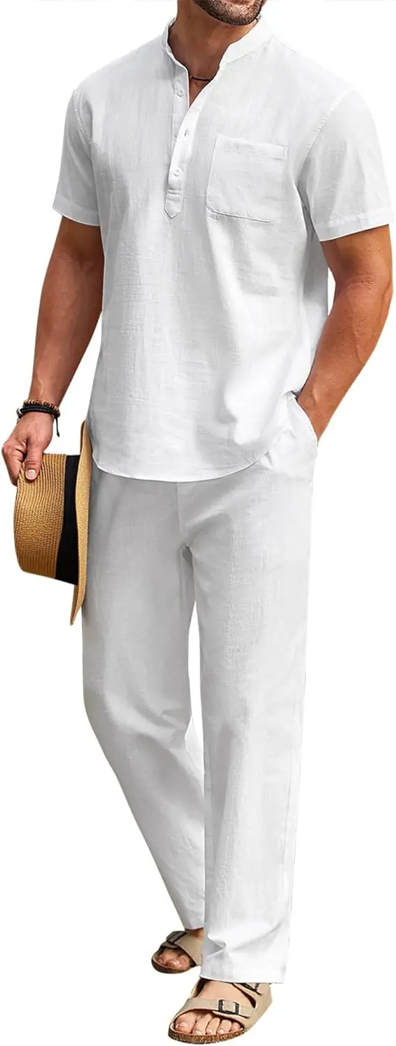 10 Pack-Men's 2 Pieces Cotton Linen Set Casual Short Sleeve Henley Shirts Beach Yoga Pants Summer Outfits