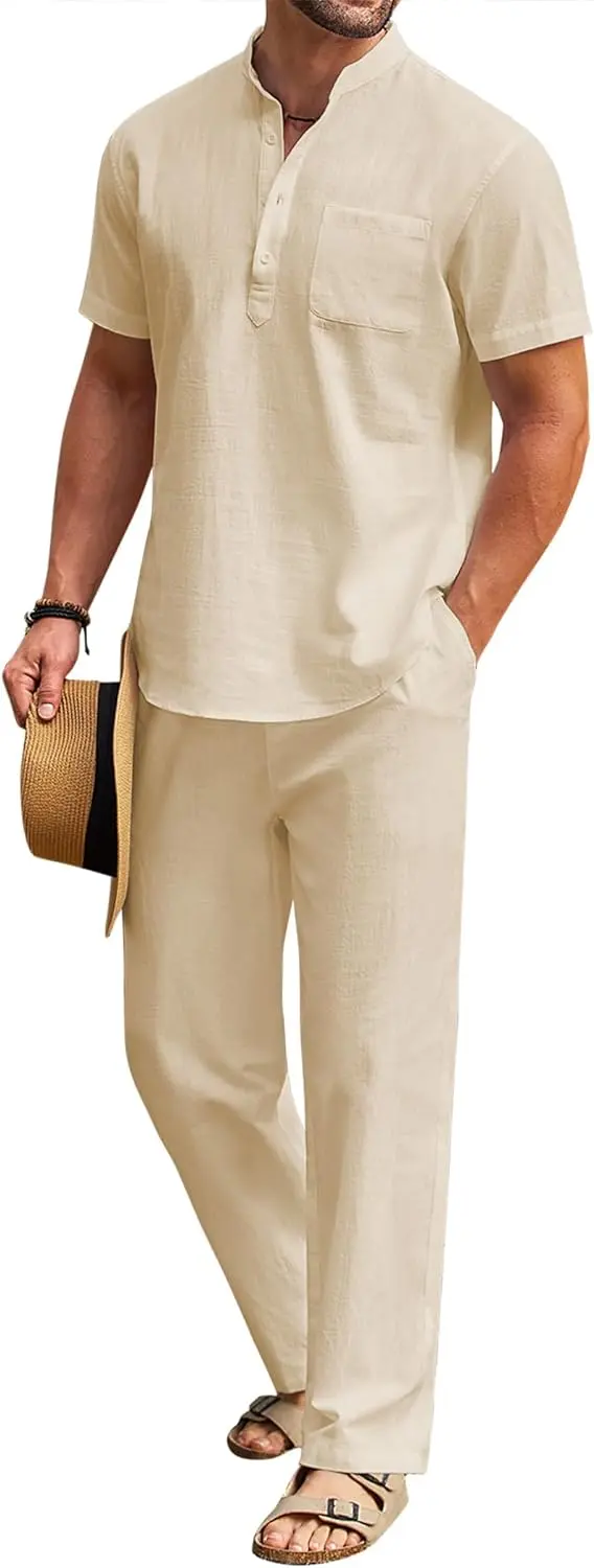 10 Pack-Men's 2 Pieces Cotton Linen Set Casual Short Sleeve Henley Shirts Beach Yoga Pants Summer Outfits