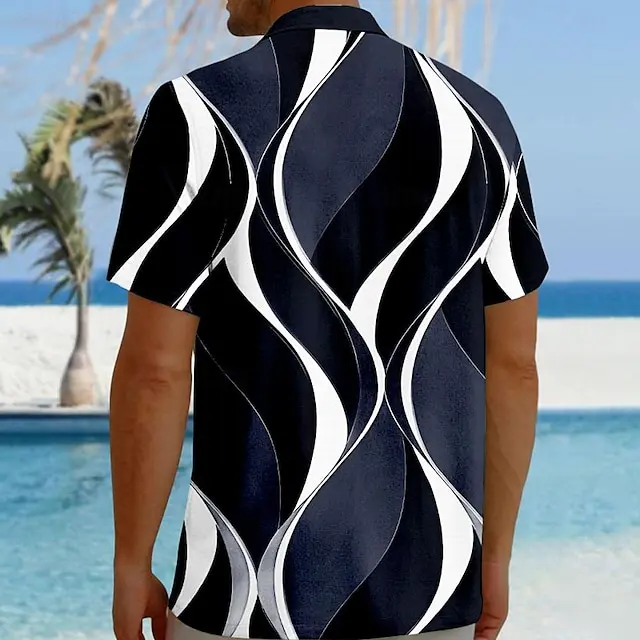 4 PACK-Geometric Lines / Waves Hawaiian Resort Men's Printed Shirts Party Causal Daily Summer Turndown Short Sleeve Black, White, Blue S, M, L Polyester Shirt