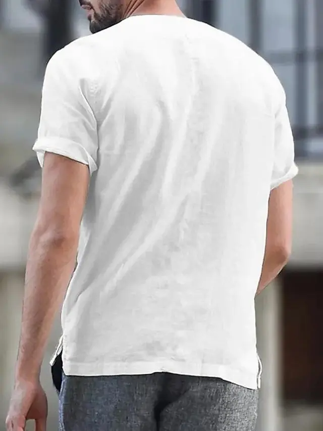 5 PACK-Men's Shirt Linen Shirt Summer Shirt Beach Wear Button Up Shirt Black White Blue Khaki Short Sleeve Plain Band Collar Summer Casual Daily Clothing Apparel