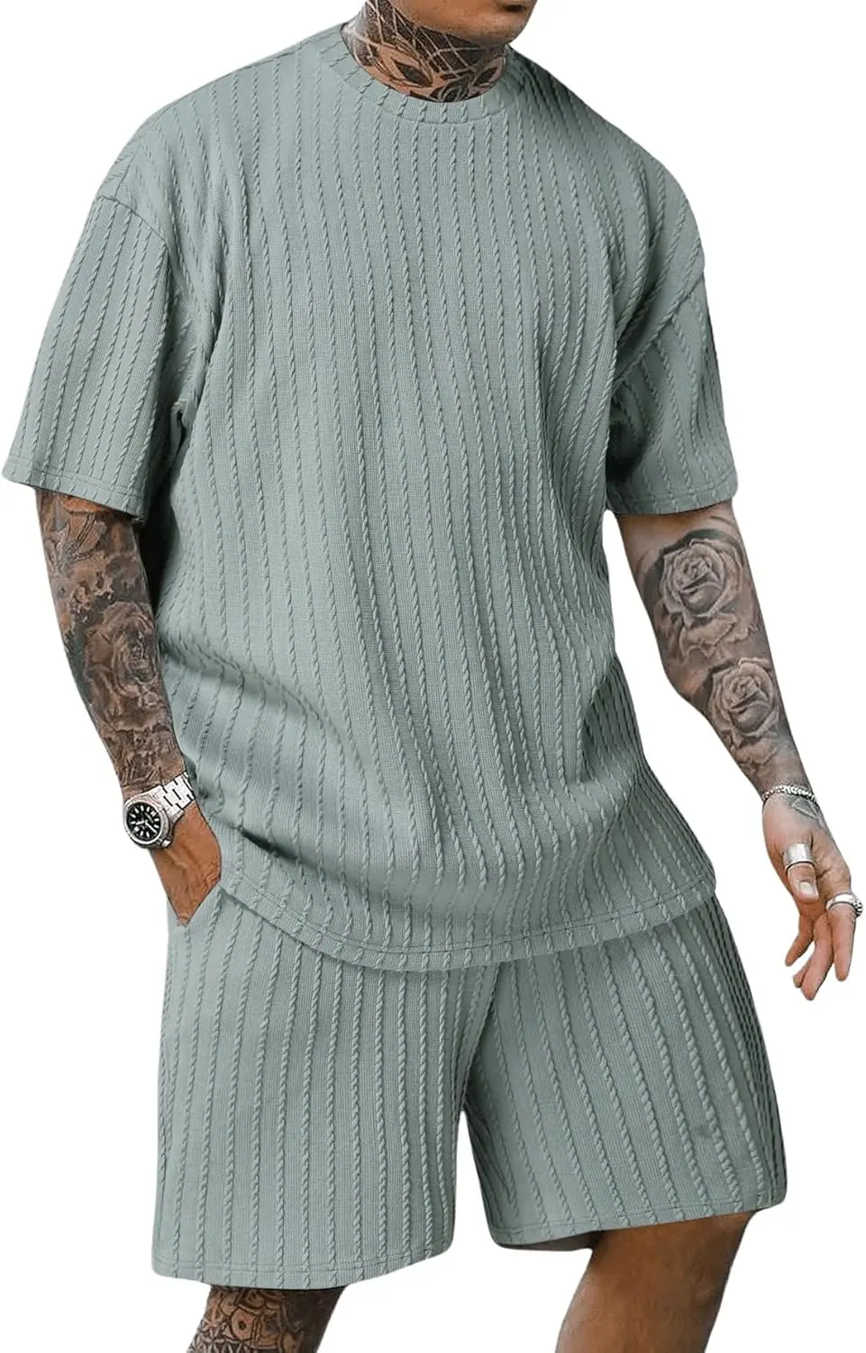 7 Pack-Men's 2 Piece Outfits Short Sleeve Crewneck Summer T Shirt and Drawstring Casual Track Shorts Set