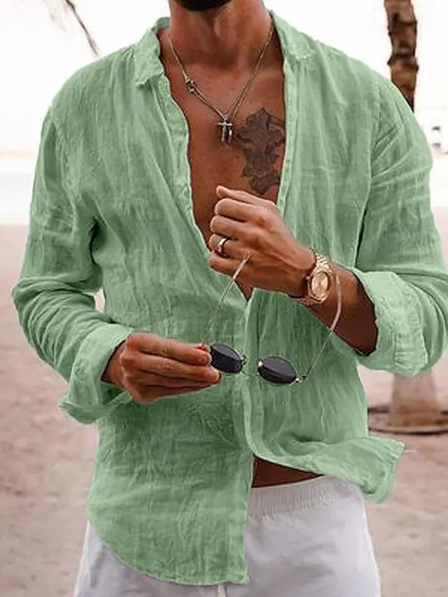 8 PACK-Men's Linen Shirt Summer Shirt Casual Shirt Beach Shirt Black White Pink Navy Blue Long Sleeve Plain Lapel Spring & Summer Hawaiian Holiday Clothing Apparel Basic