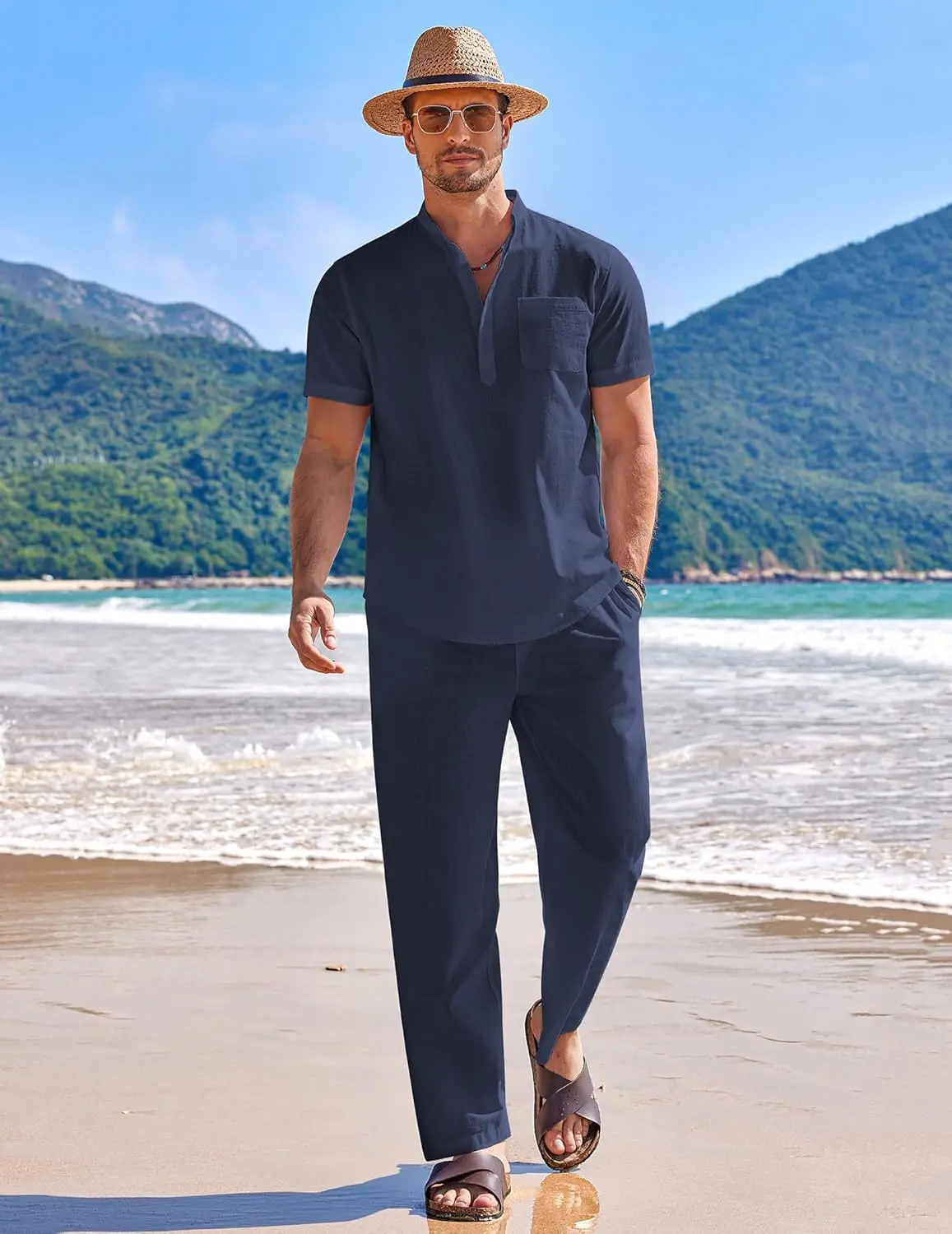 10 Pack-Men's 2 Pieces Cotton Linen Set Casual Short Sleeve Henley Shirts Beach Yoga Pants Summer Outfits