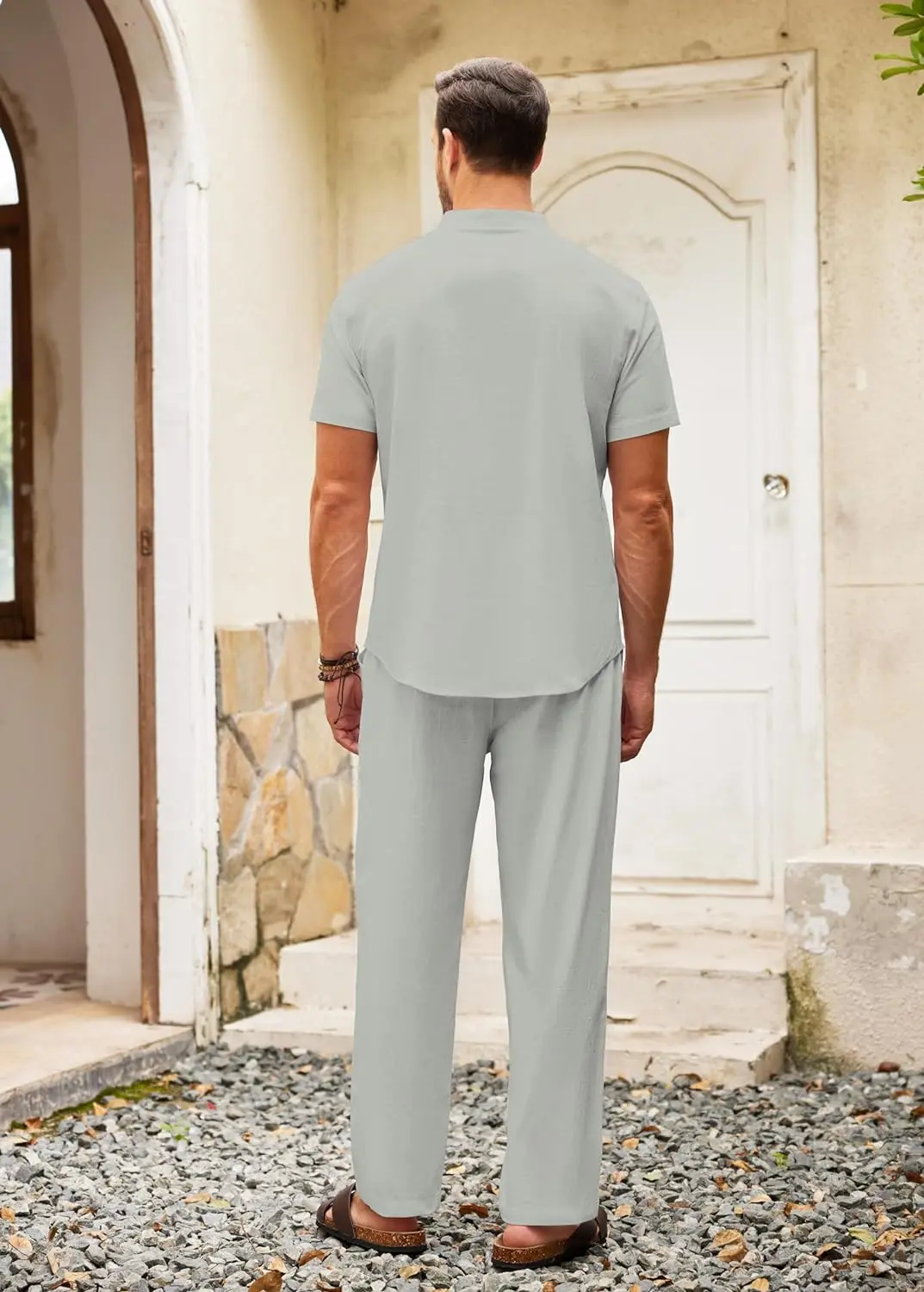 10 Pack-Men's 2 Pieces Cotton Linen Set Casual Short Sleeve Henley Shirts Beach Yoga Pants Summer Outfits