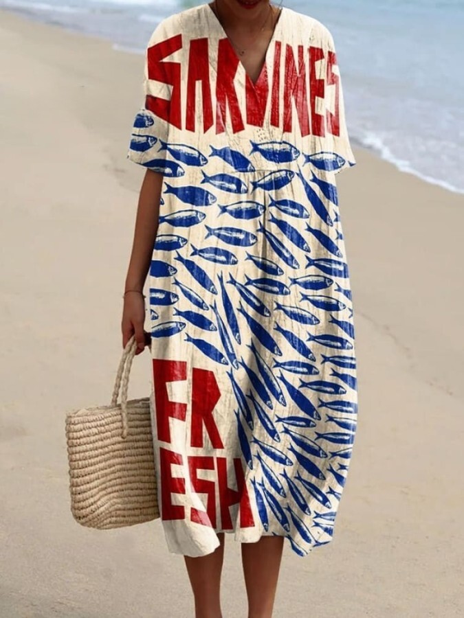 Women's Vintage Fish Art Print Flowy Dress 8bc6