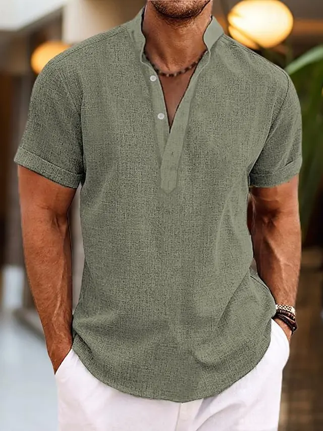 7 PACK-Men's Shirt Linen Shirt Popover Shirt Summer Shirt Beach Wear Black White Pink Green Short Sleeve Plain Henley Summer Casual Daily Clothing Apparel