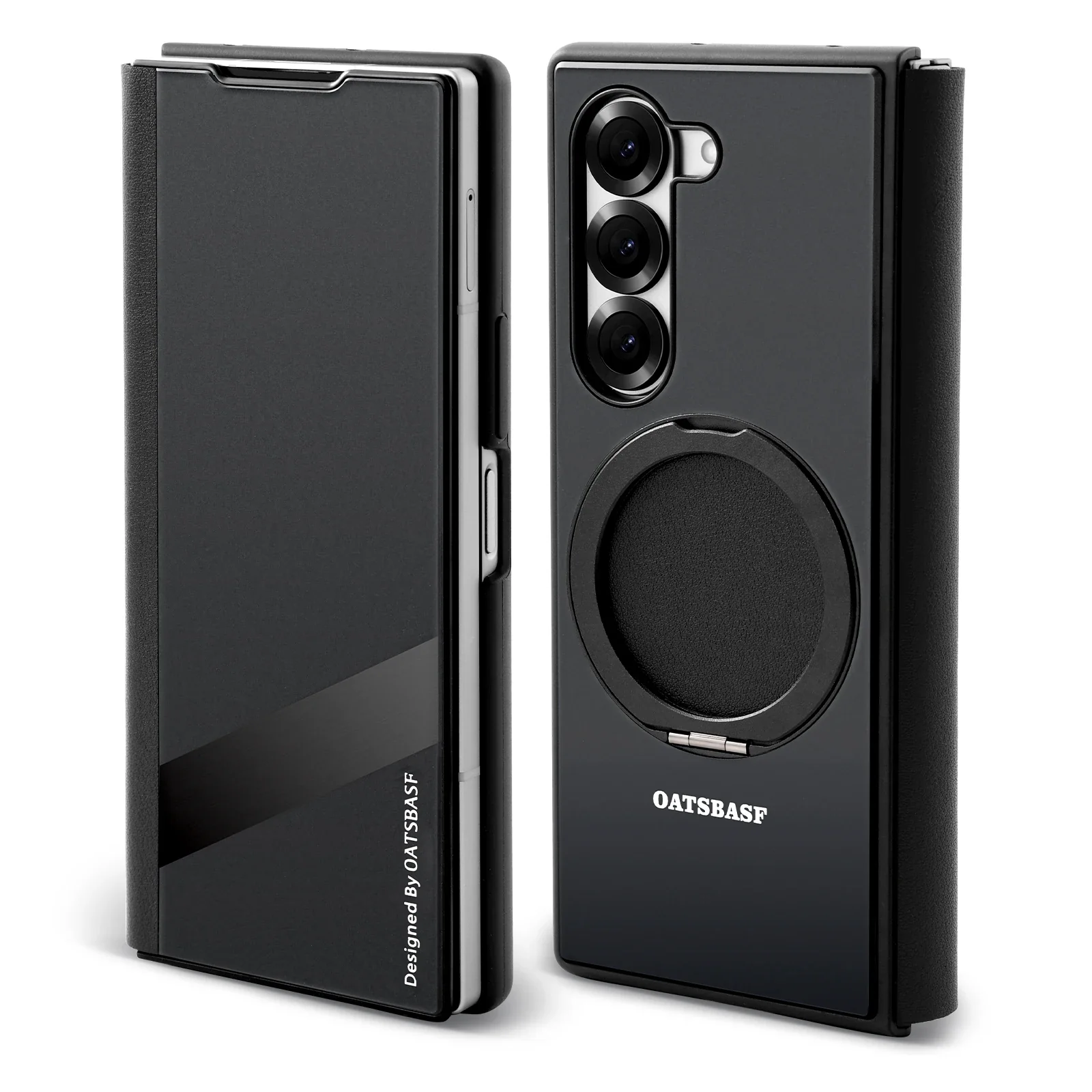 Oatsbasf Metal + Genuine Leather Smart Clear View Flip Cover MagSafe Bracket Case