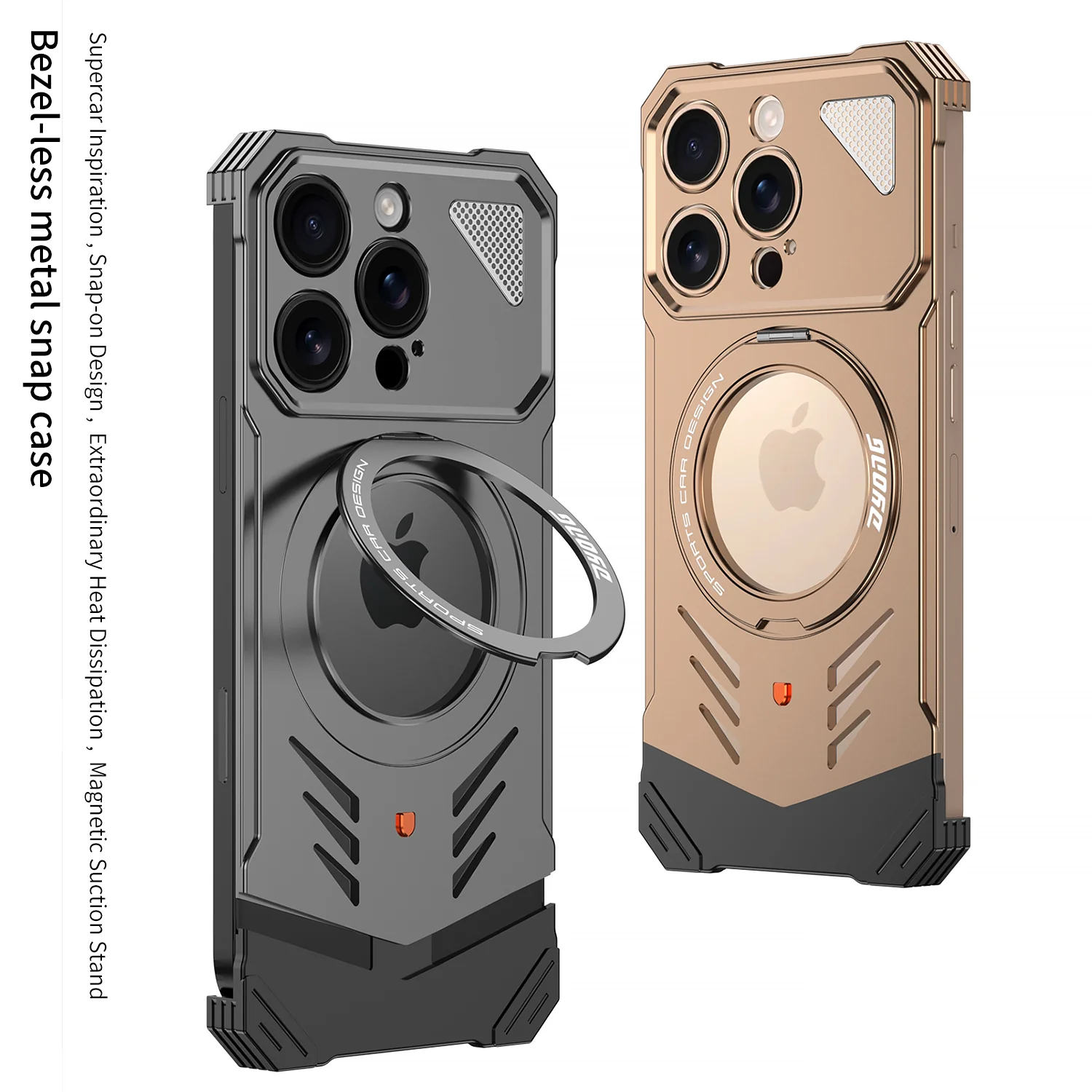 Armor King Supercar MagSafe Pivot Ring Stand Elastic Buckle Frameless Metal Case Cover