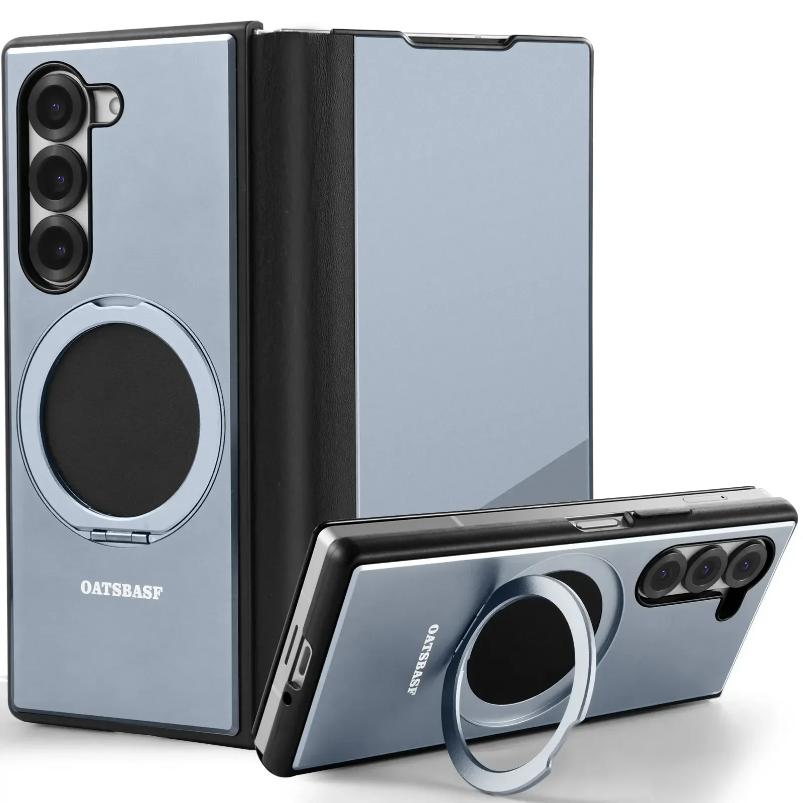 Oatsbasf Metal + Genuine Leather Smart Clear View Flip Cover MagSafe Bracket Case