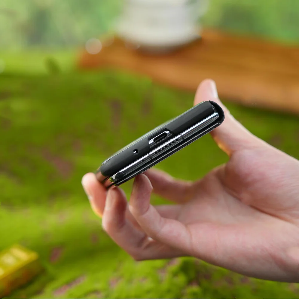 Oatsbasf Metal + Genuine Leather Smart Clear View Flip Cover MagSafe Bracket Case