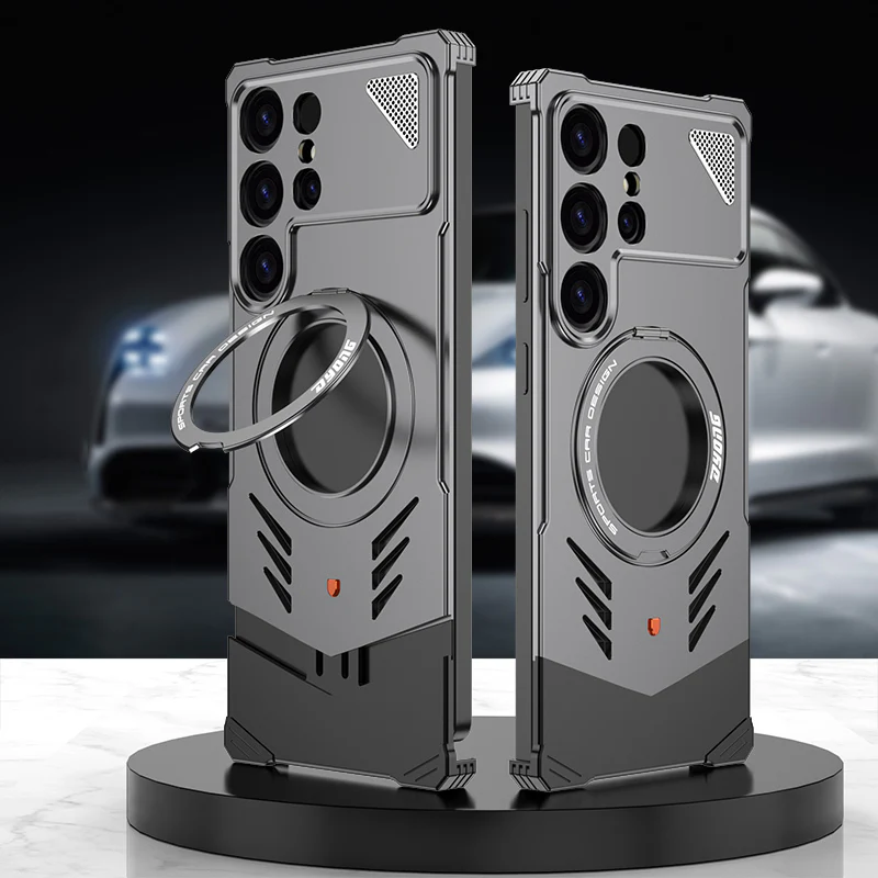 Armor King Supercar MagSafe Pivot Ring Stand Elastic Buckle Frameless Metal Case Cover