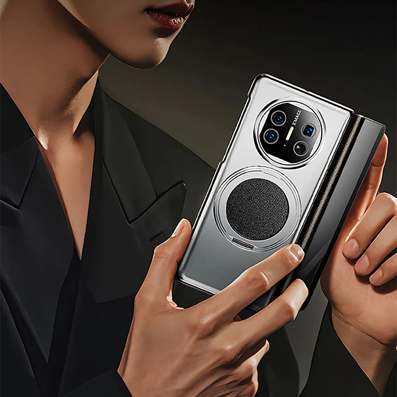 Oatsbasf Metal + Genuine Leather Smart Clear View Flip Cover MagSafe Bracket Case