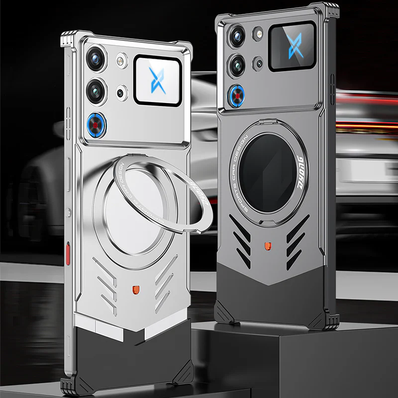 Armor King Supercar MagSafe Pivot Ring Stand Elastic Buckle Frameless Metal Case Cover