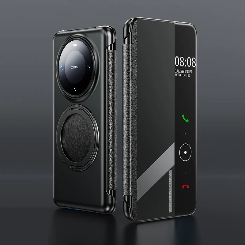 Oatsbasf Metal + Genuine Leather Smart Clear View Flip Cover MagSafe Bracket Case