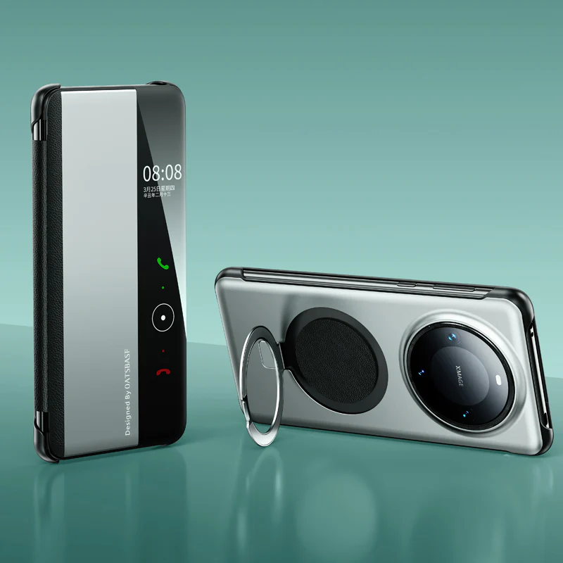 Oatsbasf Metal + Genuine Leather Smart Clear View Flip Cover MagSafe Bracket Case