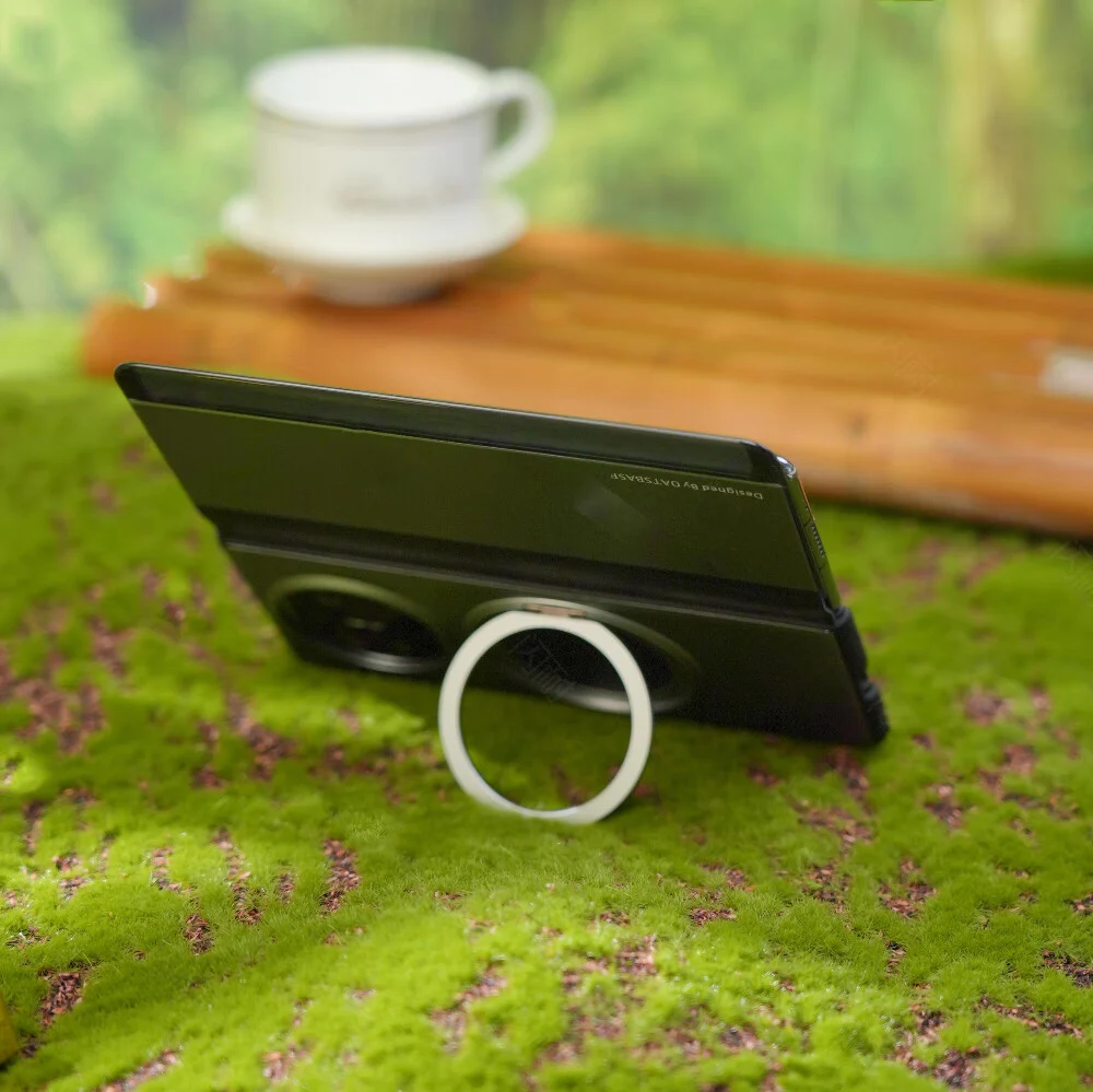 Oatsbasf Metal + Genuine Leather Smart Clear View Flip Cover MagSafe Bracket Case