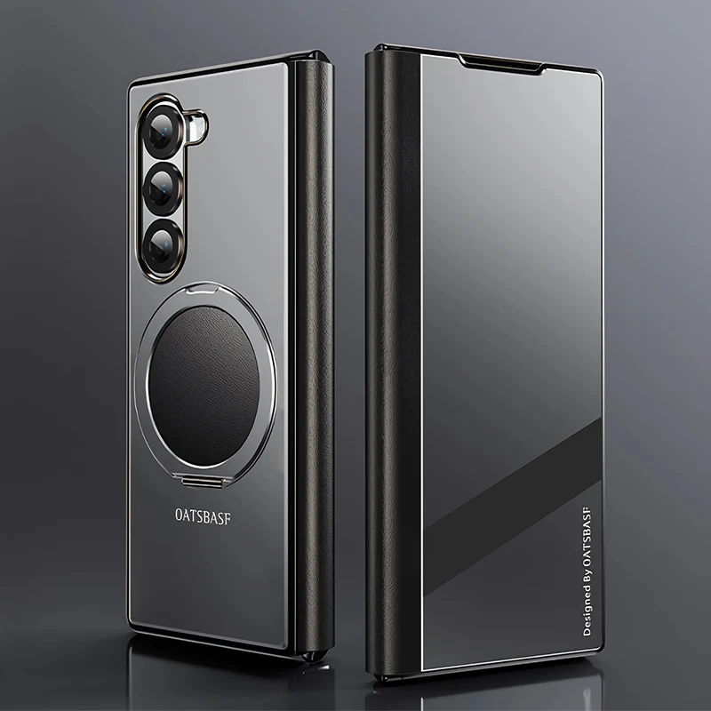 Oatsbasf Metal + Genuine Leather Smart Clear View Flip Cover MagSafe Bracket Case