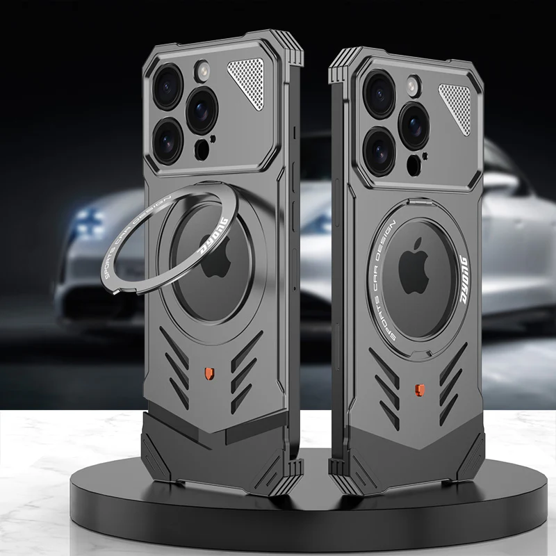 Armor King Supercar MagSafe Pivot Ring Stand Elastic Buckle Frameless Metal Case Cover