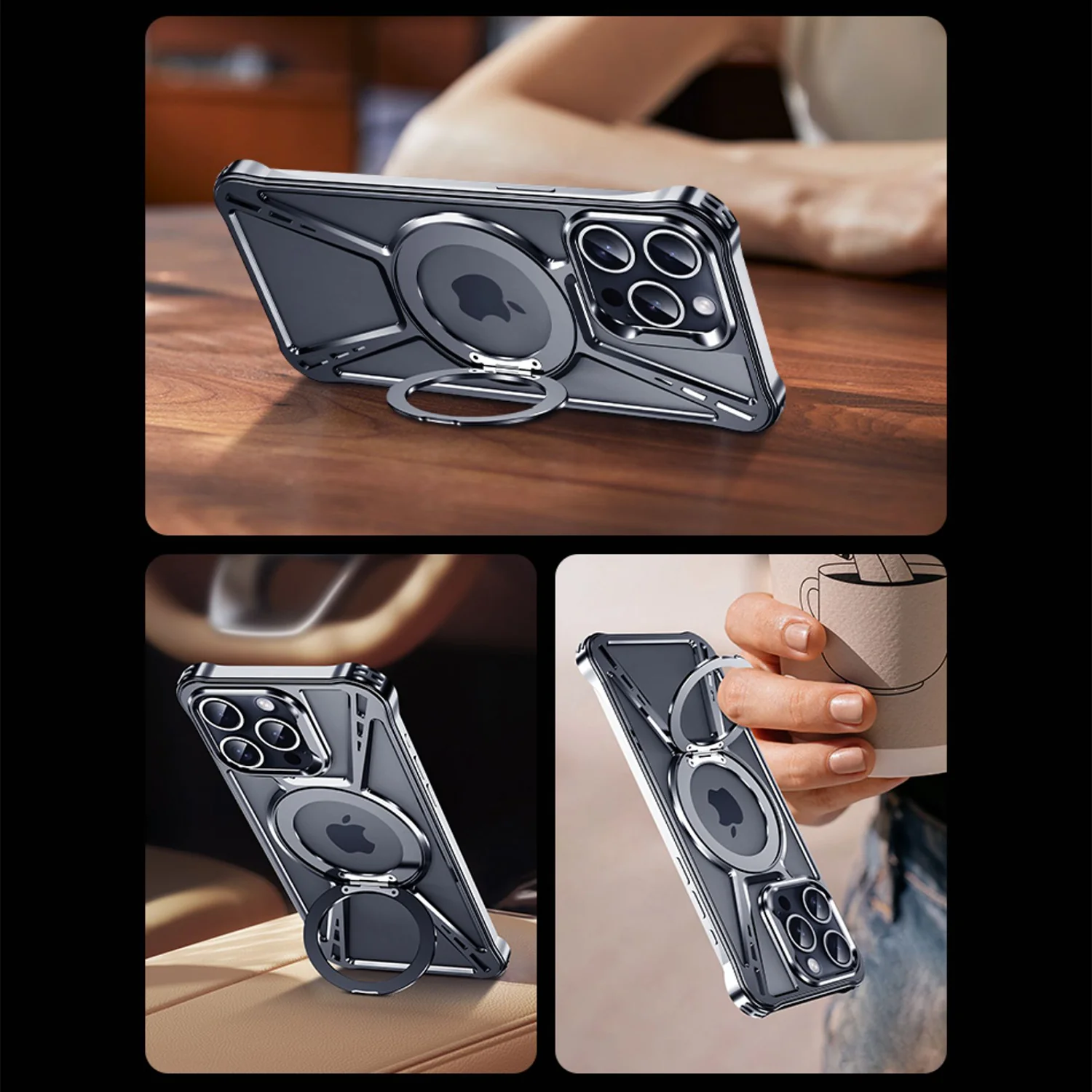 Armor King X Bracket MagSafe Pivot Ring Stand Air Cushion Metal Case Cover