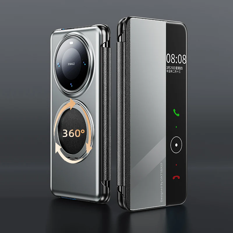 Oatsbasf Metal + Genuine Leather Smart Clear View Flip Cover MagSafe Bracket Case