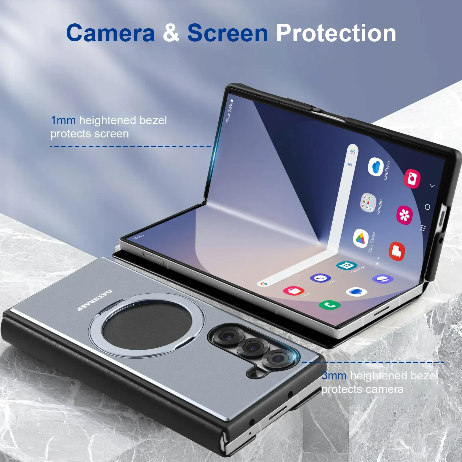 Oatsbasf Metal + Genuine Leather Smart Clear View Flip Cover MagSafe Bracket Case