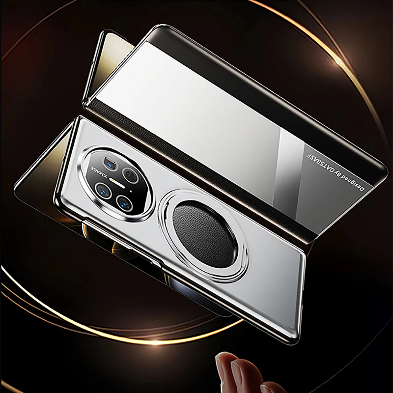 Oatsbasf Metal + Genuine Leather Smart Clear View Flip Cover MagSafe Bracket Case