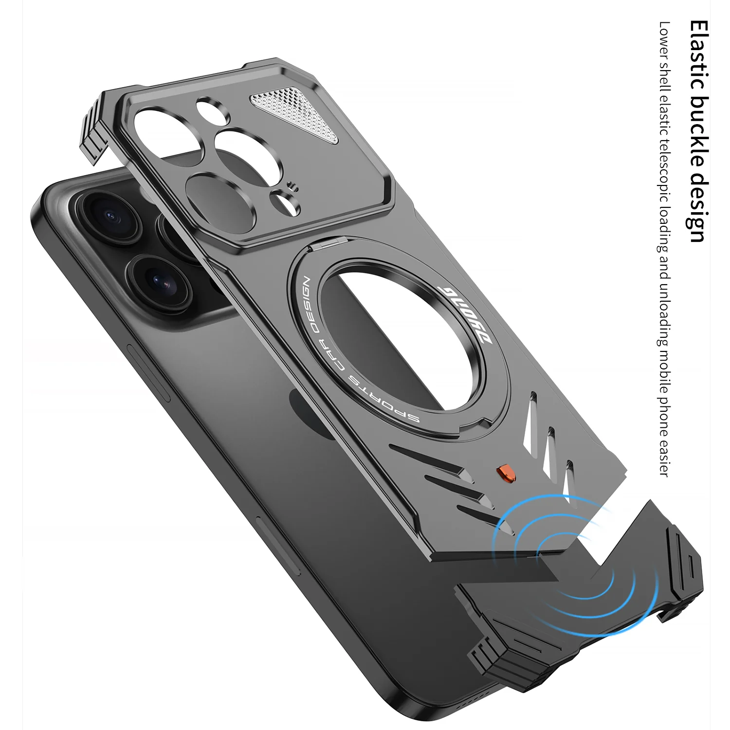 Armor King Supercar MagSafe Pivot Ring Stand Elastic Buckle Frameless Metal Case Cover